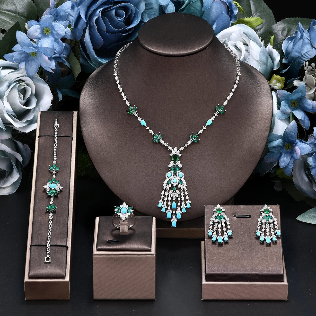 Exquisite Turquoise Dubai Jewelry Sets for Wedding Bridal Wedding Party 4 Pieces Set Accessories