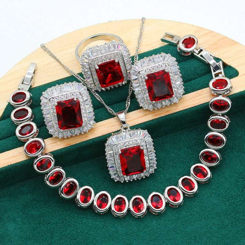 Dubai Classic Silver Color Bride Jewelry Set for Women Red Zircon Bracelet Earrings Necklace Pendant Ring