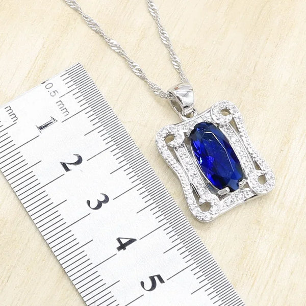 Geometric Blue Sapphire 925 Silver Jewelry Set for Women with Bracelet Hoop Earring Necklace Pendant Ring Gift Box