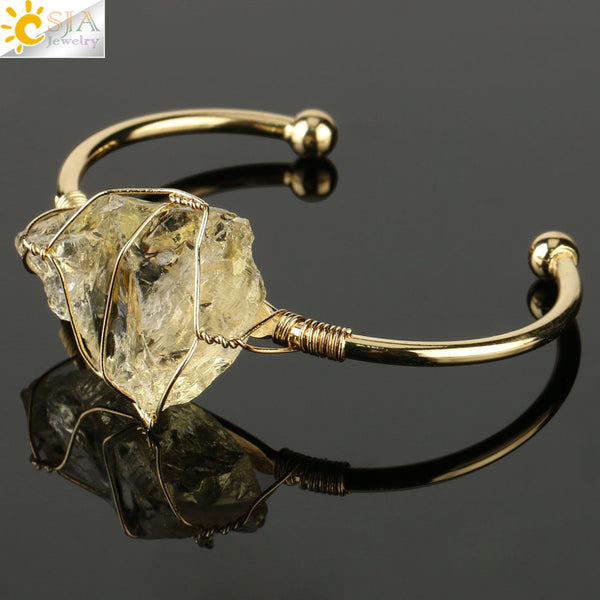 CSJA Natural Stone Bangles Cuff Copper Bracelets For Women Gold-Color Wire Wrap Irregular Crystal Quartz