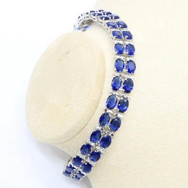 Geometric Blue Sapphire 925 Silver Jewelry Set for Women with Bracelet Hoop Earring Necklace Pendant Ring Gift Box