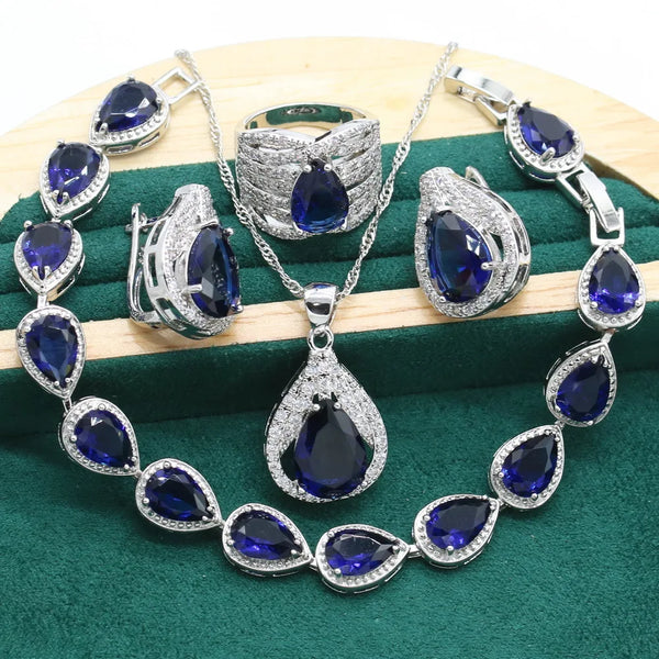 Sterling Silver Jewelry Sets For Women Green Blue Pink Zircon Bracelet Ear Clip Earrings Necklace Pendant Ring Gift Box