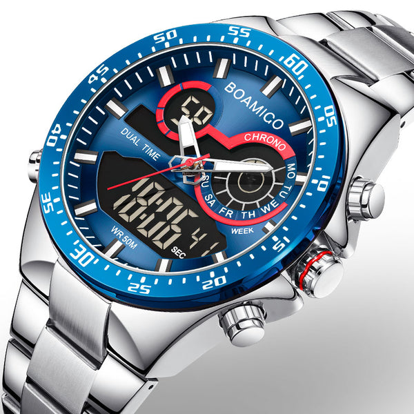 Men's Fashion Watches Stainless Steel Top Brand Luxury Sports Digital Analog Blue Quartz Watch
