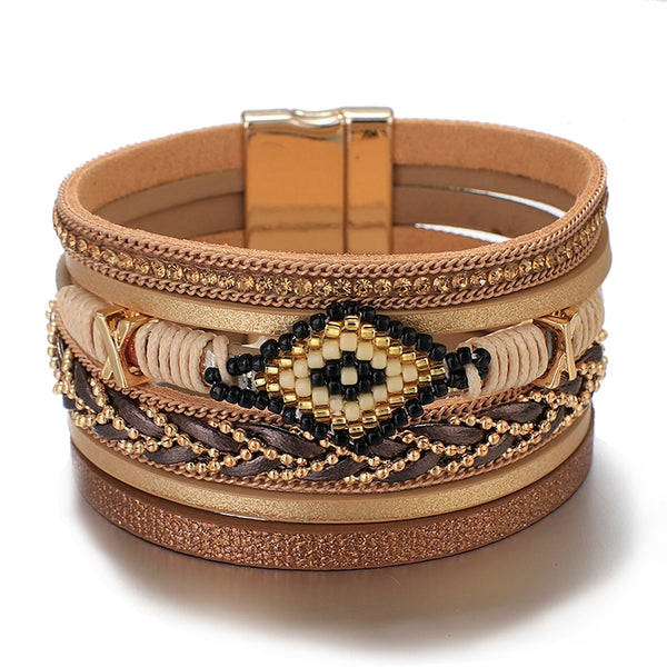 Evil Eye Wrap Bead Bracelet For Women Fashion Multilayer Leather Bracelet Rhinestone Handmade Jewelry
