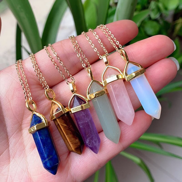 Reiki Real Natural Stone Necklace Chakra Pendant Hexagonal Bullet Amethysts Pink Purple Crystal Necklace For Women Jewelry