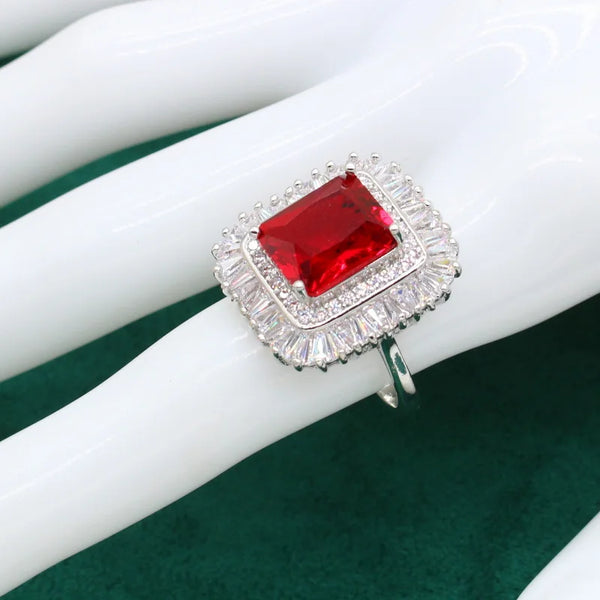Dubai Classic Silver Color Bride Jewelry Set for Women Wedding Red Zircon Bracelet Earrings Necklace Pendant Ring  Gift