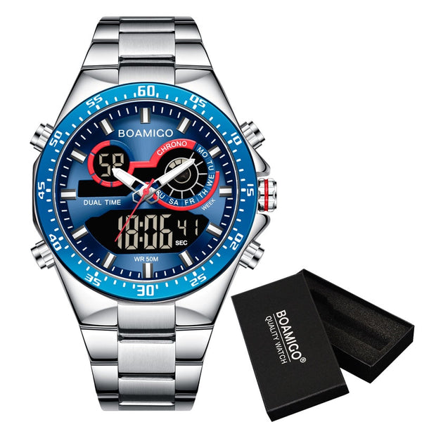 Men's Fashion Watches Stainless Steel Top Brand Luxury Sports Digital Analog Blue Quartz Watch