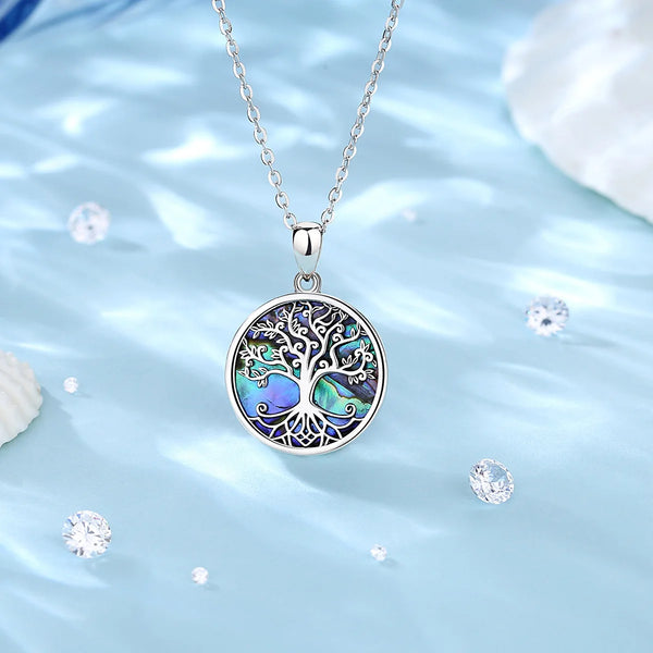 925 Sterling Silver Tree Of Life Pendant Necklace Abalone Shell Jewelry Elegant Fashion