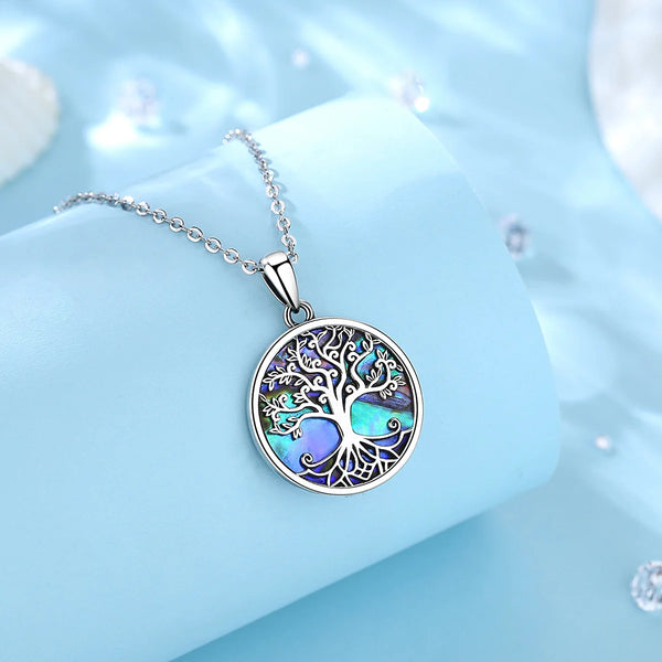 925 Sterling Silver Tree Of Life Pendant Necklace Abalone Shell Jewelry Elegant Fashion