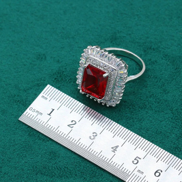 Dubai Classic Silver Color Bride Jewelry Set for Women Wedding Red Zircon Bracelet Earrings Necklace Pendant Ring  Gift
