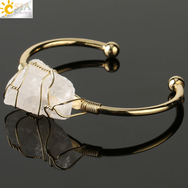 CSJA Natural Stone Bangles Cuff Copper Bracelets For Women Gold-Color Wire Wrap Irregular Crystal Quartz