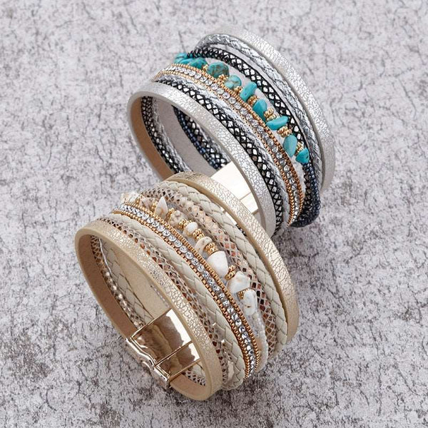 Leather Bracelets For Women Natural Stone Boho Style Wide Multilayer Wrap Bracelet Jewelry