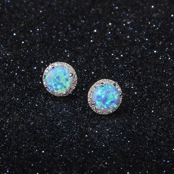 Sterling Silver Stud Earrings Round White Pink Blue Opal Earrings with Cubic Zirconia Jewelry Gift