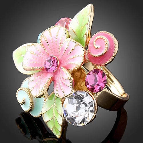 Chran Fashion Enamel Flower Rings For Women Gold Color Shining Crystal Rings