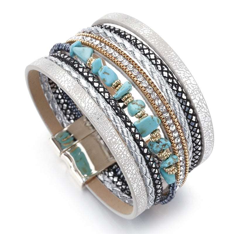 Leather Bracelets For Women Natural Stone Boho Style Wide Multilayer Wrap Bracelet Jewelry