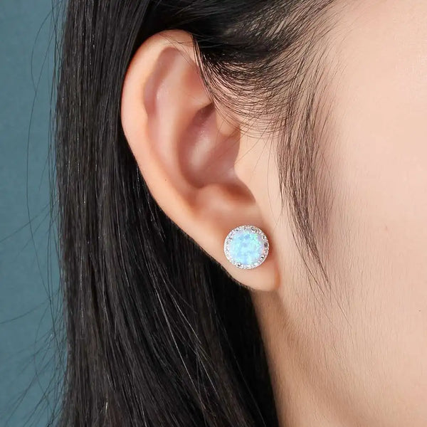 Sterling Silver Stud Earrings Round White Pink Blue Opal Earrings with Cubic Zirconia Jewelry Gift