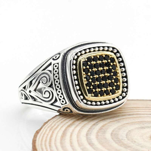 Men's Ring With Black Zircon 925 Sterling Silver Square Vintage Punk Finger Ring Hollow Design
