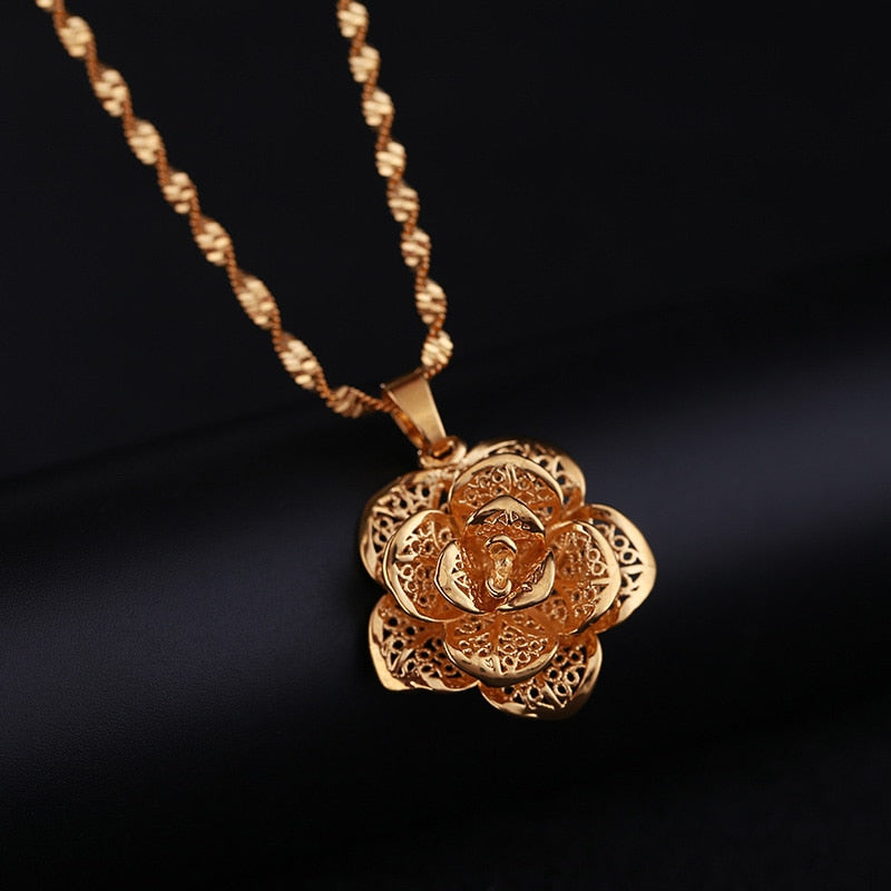 Hollow Flower Statement Necklaces Pendants Chokers Women's Collar Water Wave Chain Yellow Gold Color Filled Chunky Jewelry