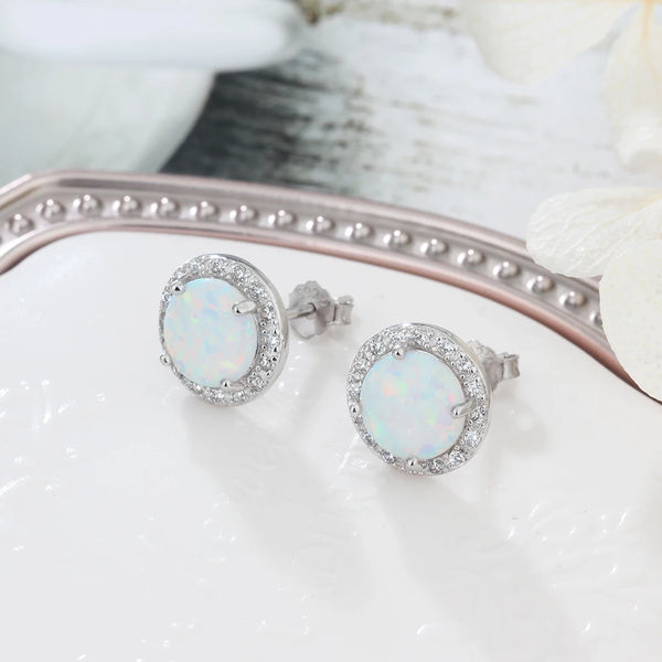 Sterling Silver Stud Earrings Round White Pink Blue Opal Earrings with Cubic Zirconia Jewelry Gift