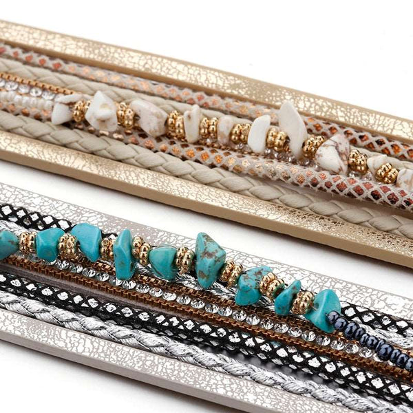 Leather Bracelets For Women Natural Stone Boho Style Wide Multilayer Wrap Bracelet Jewelry