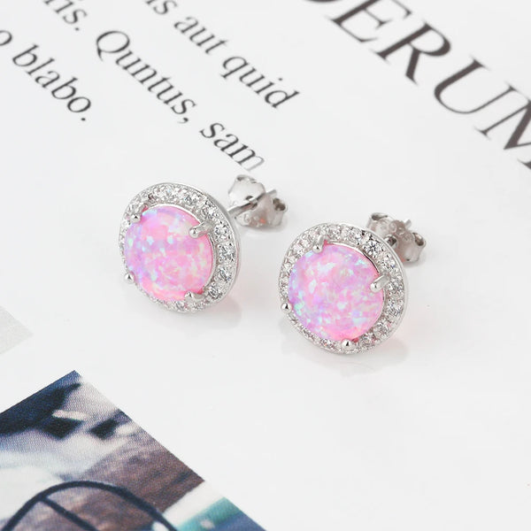 Sterling Silver Stud Earrings Round White Pink Blue Opal Earrings with Cubic Zirconia Jewelry Gift