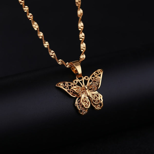 Butterfly Statement Necklaces Pendants Women Chokers Collar Water Wave Chain Bib Yellow Gold Color Filled Chunky Jewelry