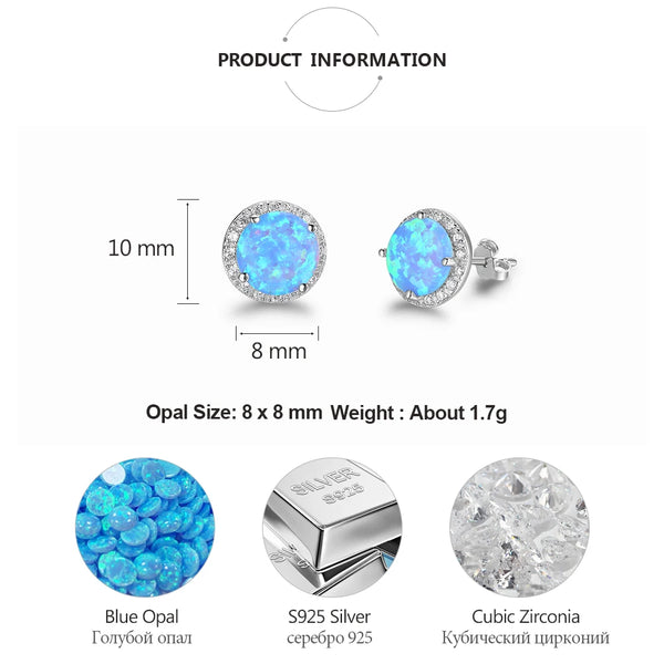 Sterling Silver Stud Earrings Round White Pink Blue Opal Earrings with Cubic Zirconia Jewelry Gift