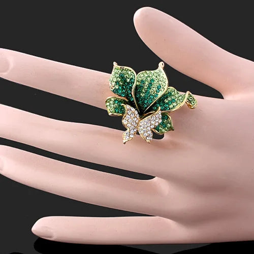 Gold Color Party Jewelry Rings Elegant Fashion Crystal Butterfly Shape Wedding Rings For Women