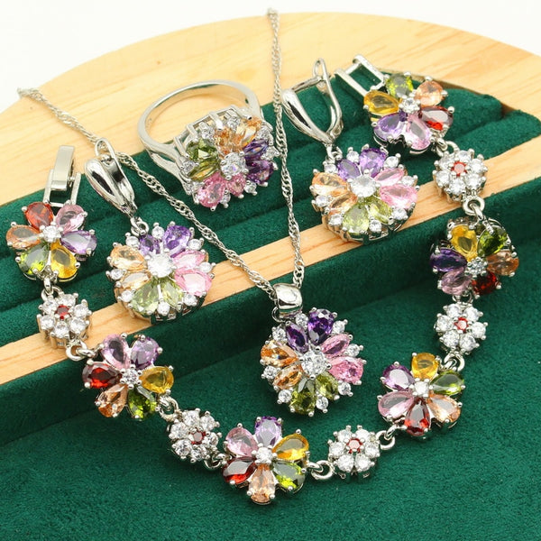 Classic 925 Silver Gold Color Jewelry Sets For Women Wedding Multicolor Zircon 4PCS
