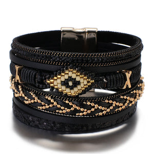 Evil Eye Wrap Bead Bracelet For Women Fashion Multilayer Leather Bracelet Rhinestone Handmade Jewelry