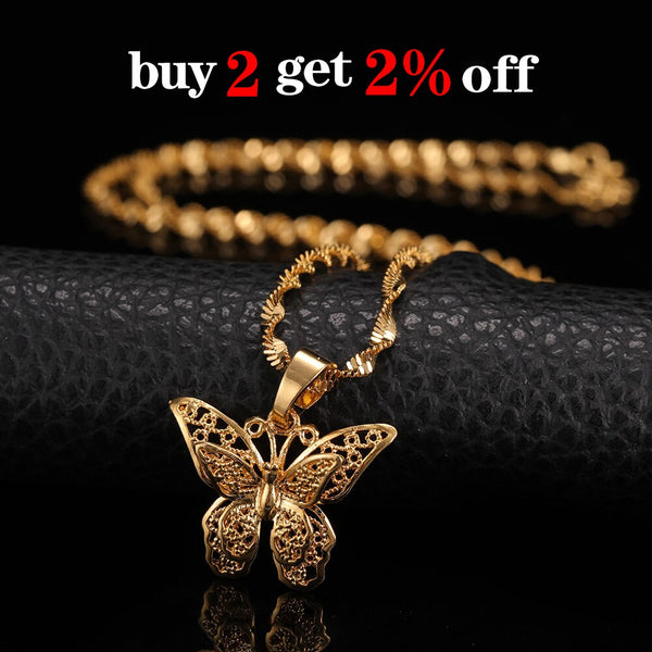 Butterfly Statement Necklaces Pendants Women Chokers Collar Water Wave Chain Bib Yellow Gold Color Filled Chunky Jewelry