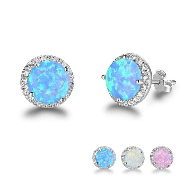 Sterling Silver Stud Earrings Round White Pink Blue Opal Earrings with Cubic Zirconia Jewelry Gift