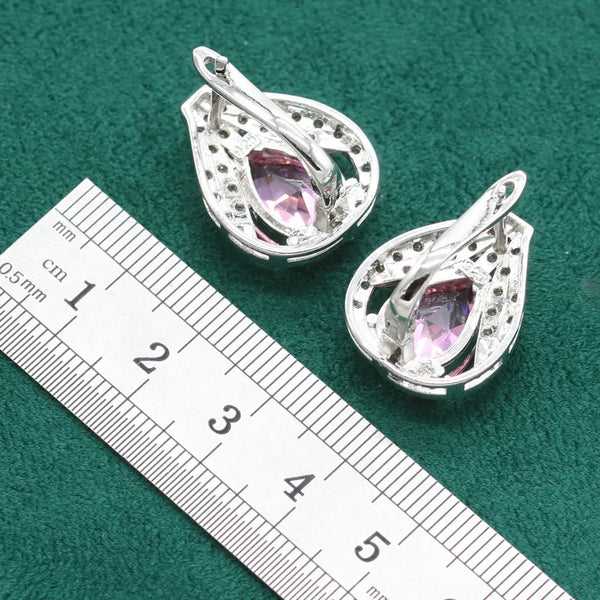 Sterling Silver Jewelry Sets For Women Green Blue Pink Zircon Bracelet Ear Clip Earrings Necklace Pendant Ring Gift Box