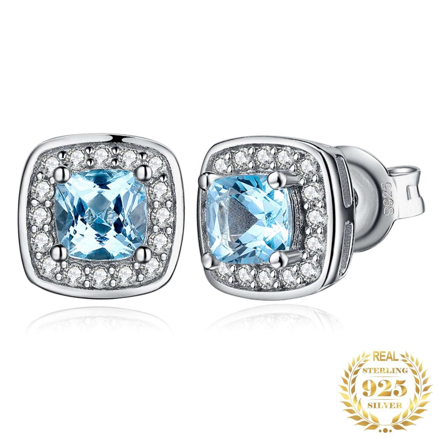 Cushion-Cut Natural Sky Blue Topaz 925 Sterling Silver Earrings Halo Gemstone Stud Earrings For Women Jewelry