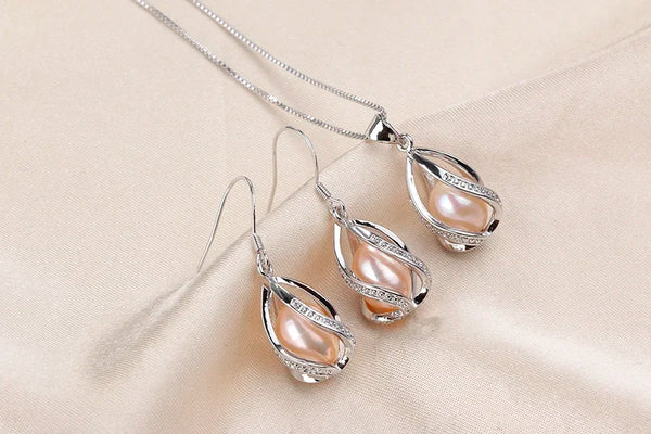 Natural Freshwater Pearl In Cage Pendant Necklace Drop Earrings & Pendant Jewelry Set for Women