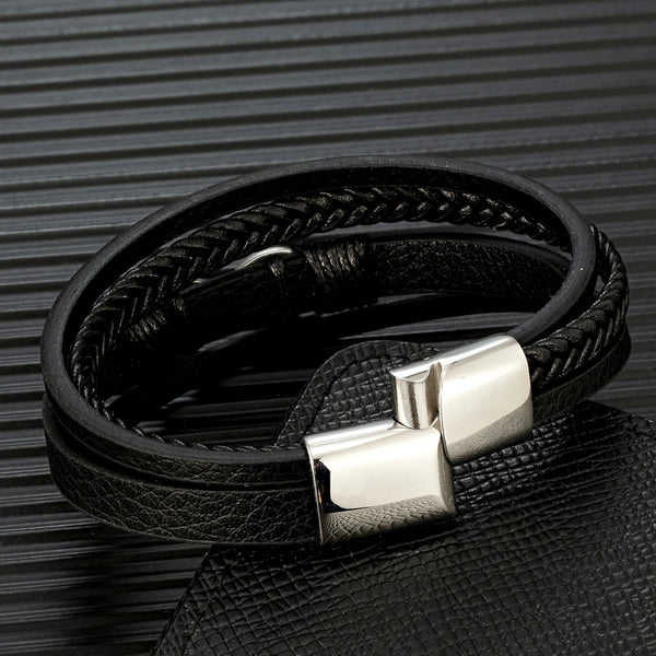 Classic Men & Women's Infinity Bracelet Woven Multilayer Braided Leather Bracelets Black Stainless Steel Jewelry Gifts