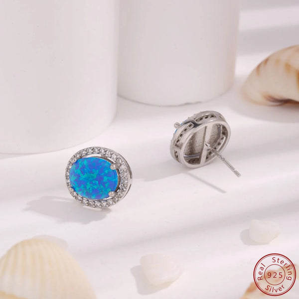 Sterling Silver Blue Opal Round Earrings 100% 925 Fashion High Quality Earrings Women's