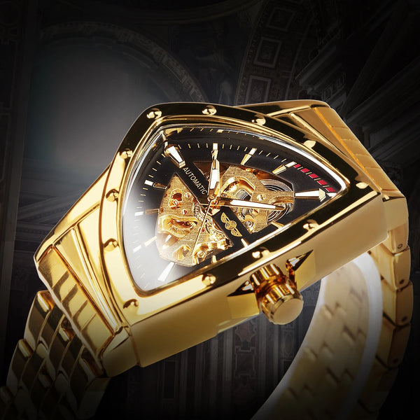 Triangle Skeleton Automatic Watch for Men Sports Luxury Mechanical Watches Gold Stainless Steel Strap Luminous