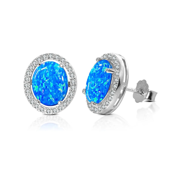 Sterling Silver Blue Opal Round Earrings 100% 925 Fashion High Quality Earrings Women's