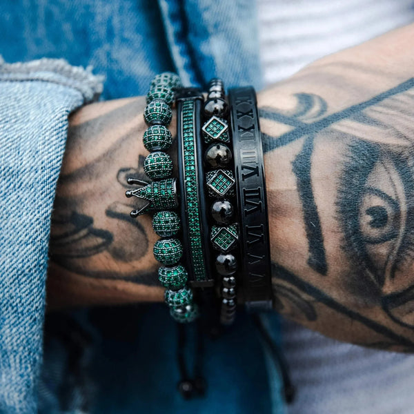 Bracelets 4/Set Black Crown with Roman numeral  8MM Colored Cubic Micro Pave CZ Ball Charm Braided Braiding Man Luxury Jewelry