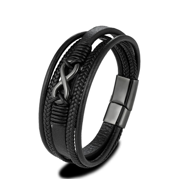 Classic Men & Women's Infinity Bracelet Woven Multilayer Braided Leather Bracelets Black Stainless Steel Jewelry Gifts