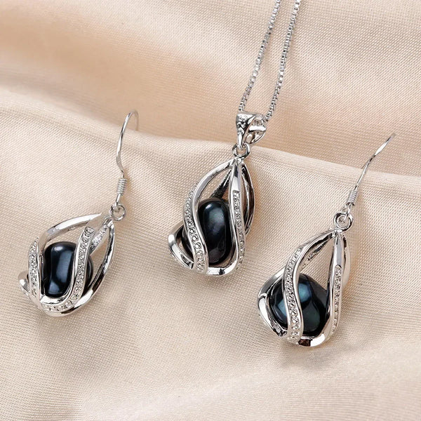 Natural Freshwater Pearl In Cage Pendant Necklace Drop Earrings & Pendant Jewelry Set for Women