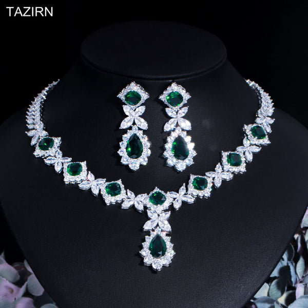 TAZIRN Cubic Zirconia Wedding Bride Floral Jewelry Set For Women 2PCS/4PCS CZ Necklace Earrings Dubai Nigeria Crystal Choker Set