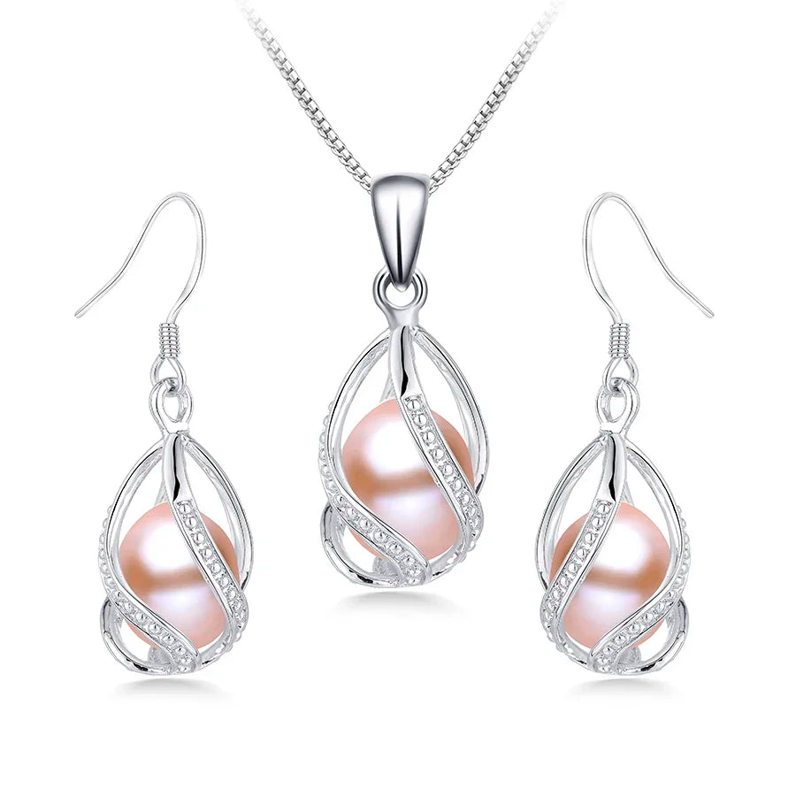 Natural Freshwater Pearl In Cage Pendant Necklace Drop Earrings & Pendant Jewelry Set for Women