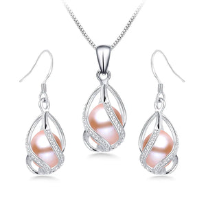 Natural Freshwater Pearl In Cage Pendant Necklace Drop Earrings & Pendant Jewelry Set for Women