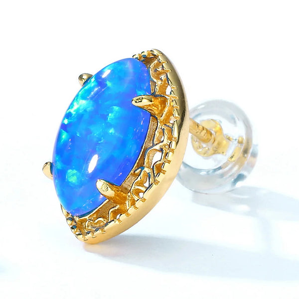 Solid 925 Sterling Silver Stud Earrings For Women Synthetic Japanese Blue Opal Marquise Vintage