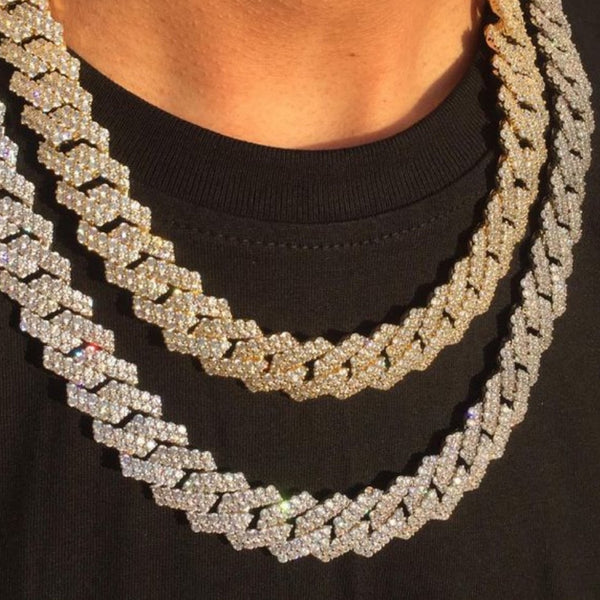 Men's & Women's 14MM Prong Cuban Link Chain Necklace Bling Iced Out 2 Row Rhinestone Paved Miami Cuban Necklace Jewelry