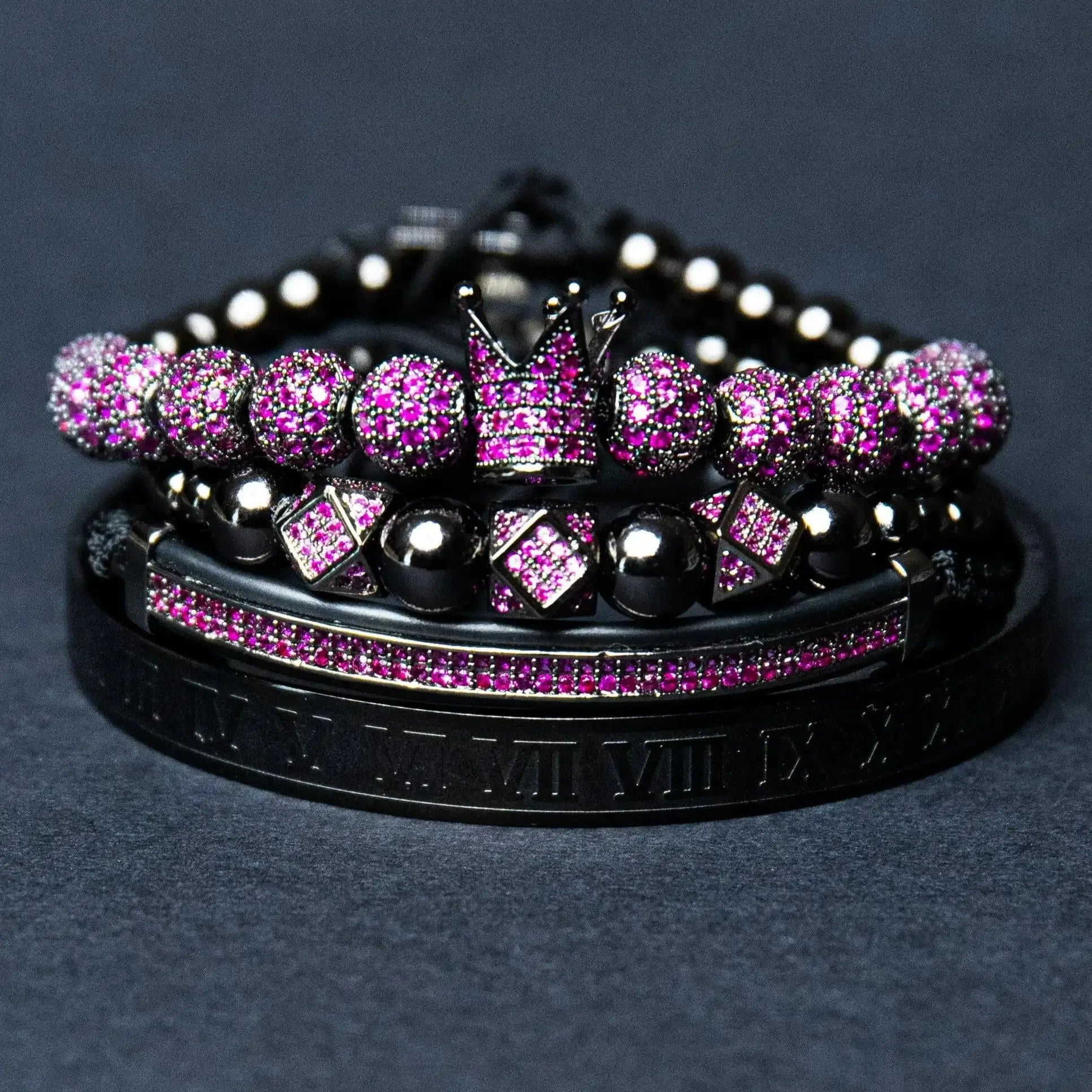 Bracelets 4/Set Black Crown with Roman numeral  8MM Colored Cubic Micro Pave CZ Ball Charm Braided Braiding Man Luxury Jewelry