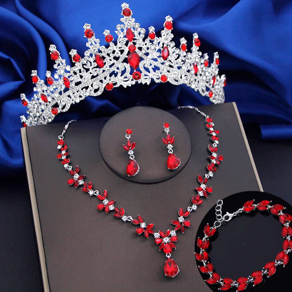 4 Pcs Lime Green Crown Jewelry Sets for Women Fashion Tiaras Bracelets Earrings and Necklace Sets Bride Wedding Accessories
