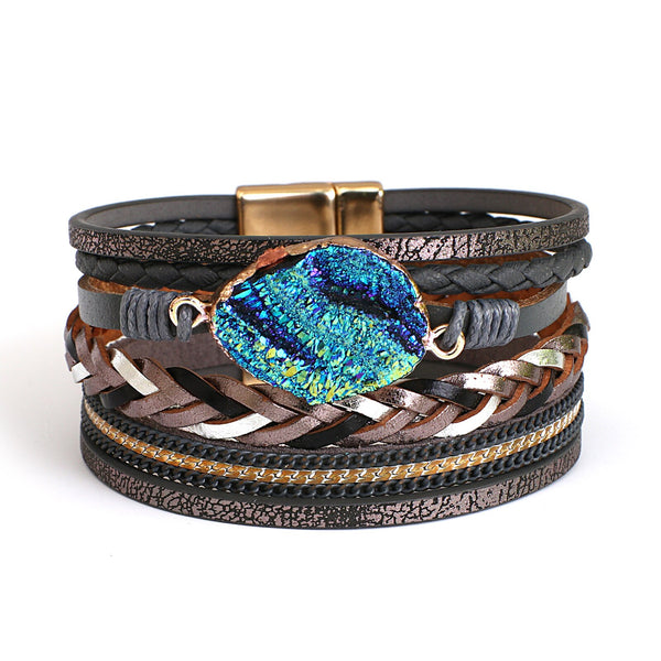 Colorful Stone Leather Boho Bracelet For Women Or Men Vintage Jewelry Charms Multilayer Braided Wide Wrap Bracelets Bangles